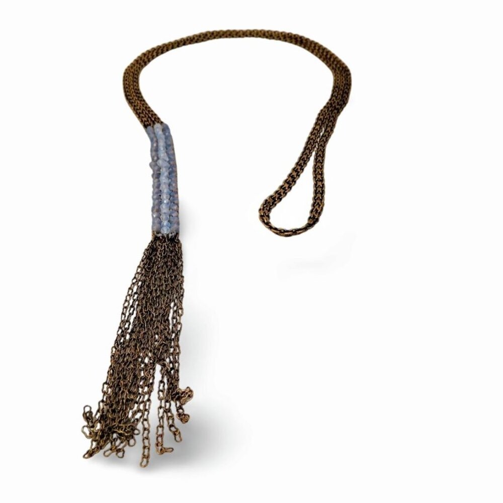 Antique Gold Tone 31”Faceted Caviar Beaded Fringe Tassel Chain Necklace JW1541